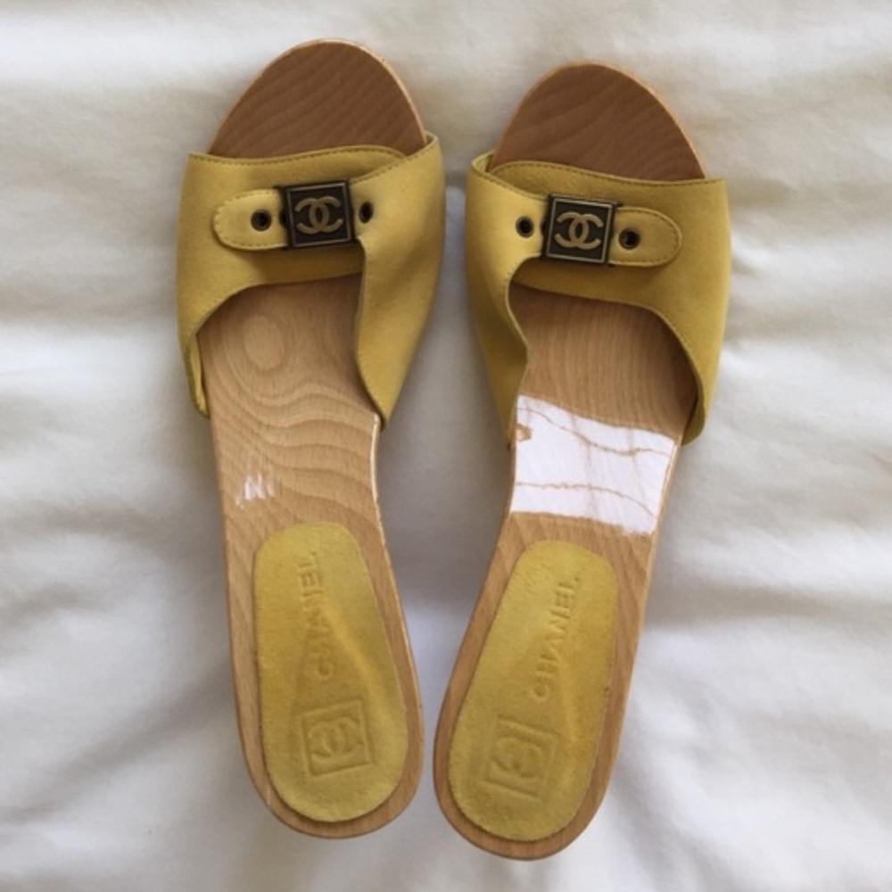 Yellow Chanel peep toe buckle clogs sz 40